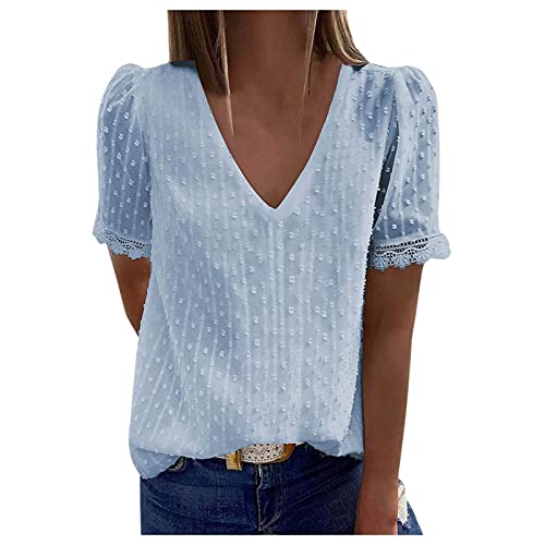 Damen Bluse Casual Kurzarm Frühling Sommer T-Shirt Hemd Spitzenbluse V-Ausschnitt Bequeme Weiß Oberteil Mit Spitze Oberteile Tunika Tops Blusen Spitze Elegant (B01 Hellblau, XL) von Generic