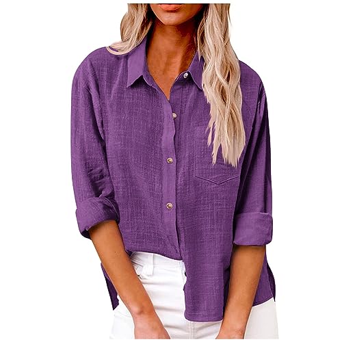 Damen Bluse Elegant - Leinenhemd Langarm Sommer Hemd Top Revers Einfarbig Basic, Violett, M von Generic