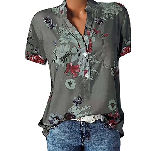 Damen Bluse Kurzarm Oberteile Tshirt V-Ausschnitte Elegant Sommershirts Mode Lose Damenblusen Knopfverschluss Blumen Drucken Hemdbluse T-Shirt Tops von Generic