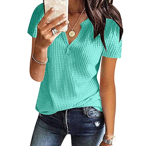 Damen Bluse Kurzarm Oberteile Tshirt V-Ausschnitte Elegant Sommershirts Mode Lose Damenblusen Waffel Strick Material Hemdbluse T-Shirt Tops von Generic