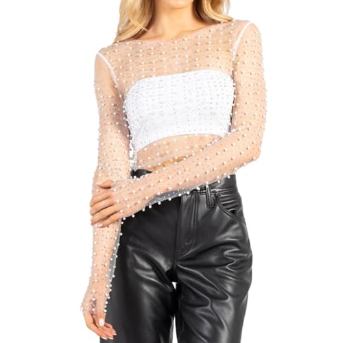 Damen-Bluse mit Perlen und Strasssteinen, durchsichtig, sexy, durchsichtig, langärmelig, schmale Passform, bauchfreie Bluse, Hemd, Clubwear Damen-Bluse mit Perlen und Strasssteinen, durchsichtig, sexy, durchsichtig, langärmelig, schmale Passform, bauchfreie Bluse, Hemd, Clubwear von Generic