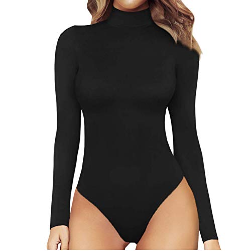 Damen Body Bodysuit Stehkragen Langarm Overall mit Rollkragen Jumpsuit Pullover Herbst T-Shirt Bodies Langarmshirt Slim Oberteil Elastisch Stilvoller Unterzieh-Body Tops (Black, XXL) von Generic