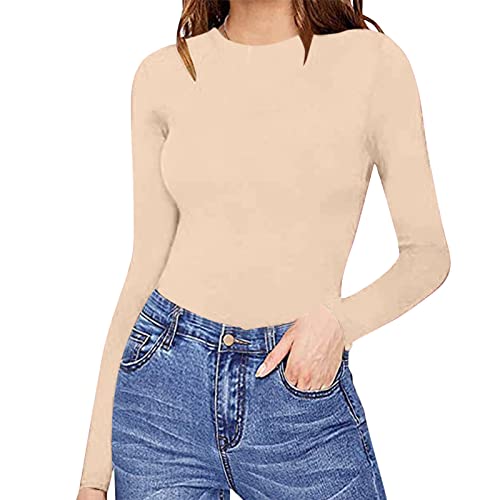 Damen Body Bodysuit Stehkragen Langarm Overall mit Rollkragen Jumpsuit Pullover Herbst T-Shirt Bodies Langarmshirt Slim Oberteil Elastisch Stilvoller Unterzieh-Body Tops (YY1-Beige, M) von Generic