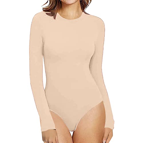 Damen Body Langarm Basic Bluse Tops Oberteil Damenbody Unterhemd Thong Wrap Bodies Bodysuit mit Einfarbig Oberteil Langarmshirt Jumpsuit für Frauen (Beige, L) von Generic