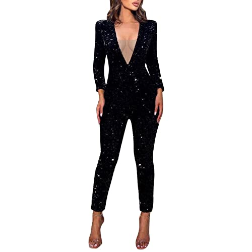Damen-Body mit Pailletten, V-Ausschnitt, sexy, Hüfte, Bodysuit, langärmelig, Schwarz, Schwarz , 36 Damen-Body mit Pailletten, V-Ausschnitt, sexy, Hüfte, Bodysuit, langärmelig, Schwarz, Schwarz , 36 von Generic