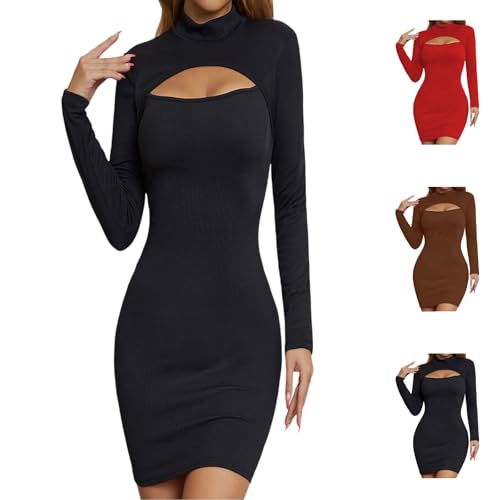 Damen Bodycon Kleid Gerippt Langarm Minikleid Cut Outs Stehkragen Party Club Mini Kleid Einfarbig Winterkleider Damen von Generic