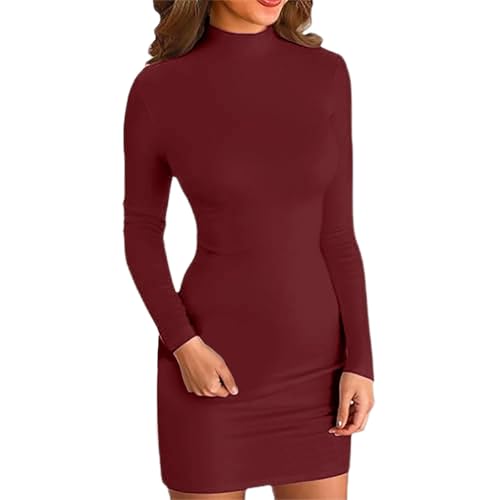Damen Bodycon Kleid Rollkragen Langarm Minikleid Geripptes Enges Basic Kleid Einfarbig Pullover Kleider Freizeitkleid Winterkleid Damen Elegant von Generic
