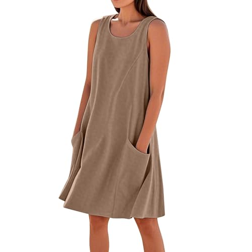 Damen Bohemian Ärmellos Kleid Blumenmuste Strandkleid Casual Rundhals Sommerkleider mit Taschen,Braun,S von Generic