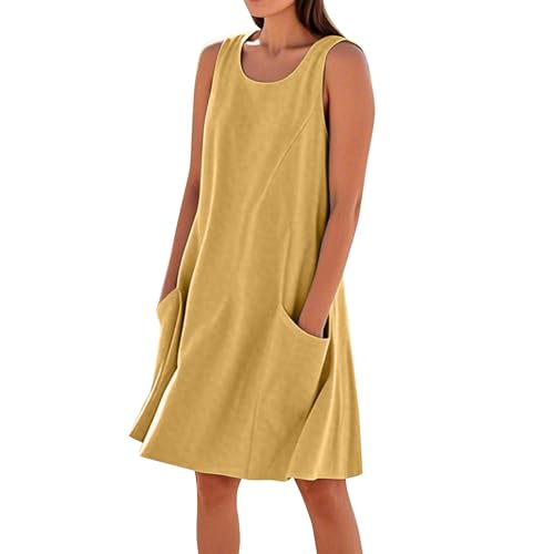 Damen Bohemian Ärmellos Kleid Blumenmuste Strandkleid Casual Rundhals Sommerkleider mit Taschen,Gelb,S von Generic