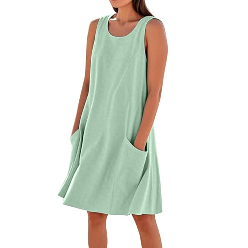 Damen Bohemian Ärmellos Kleid Blumenmuste Strandkleid Casual Rundhals Sommerkleider mit Taschen,Grün,S von Generic