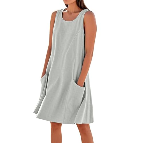 Damen Bohemian Ärmellos Kleid Blumenmuste Strandkleid Casual Rundhals Sommerkleider mit Taschen,Silber,L von Generic