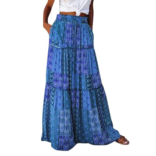 Damen Boho A-Linie Maxirock Modische Elegant Hohe Taille Blumen Bedruckter Sommerrock Retro Lässige Holiday Beach Rock Elastischer Taillenrock Baggy Frezeitrock Mit Taschen Blau M von Generic