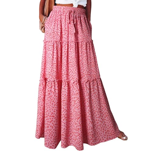 Damen Boho A-Linie Maxirock Modische Elegant Hohe Taille Blumen Bedruckter Sommerrock Retro Lässige Holiday Beach Rock Elastischer Taillenrock Baggy Frezeitrock Mit Taschen Pink M von Generic