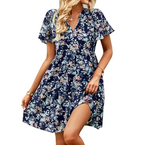 Damen Boho Kurze A-Linie Kleider Sommerkleidung Kurzarm V-Ausschnitt Blumenkleider Alltagskleidung Urlaub-a-XL von Generic