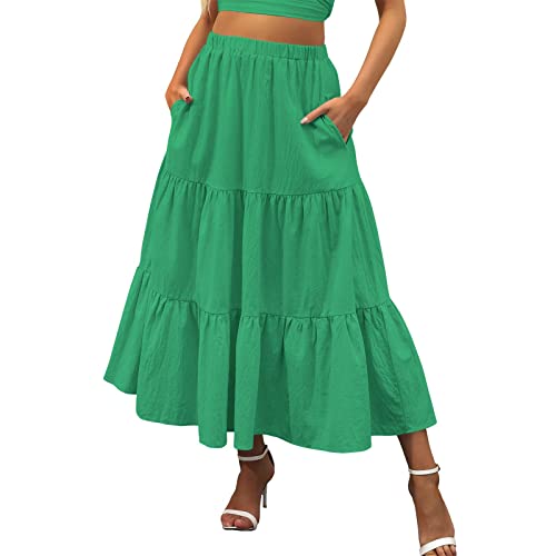 Damen Boho Maxi Midi Rock Elastisch Hohe Taille Plissee A-Linie Flowy Swing Langer Maxi Rock mit Taschen Rock Long Damenkleid Plissee Elastische Fließender Sommer Strand Stufenrock (01 Grün, L) von Generic