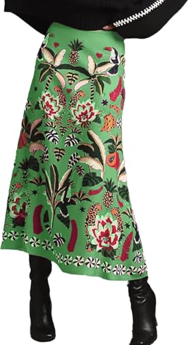 Damen Boho Midi Rock Fun Tropical Plant Print Flowy A Line Sommerrock (Green,M) von Generic