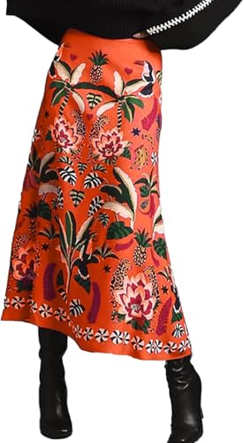 Damen Boho Midi Rock Fun Tropical Plant Print Flowy A Line Sommerrock (Orange,XXL) von Generic