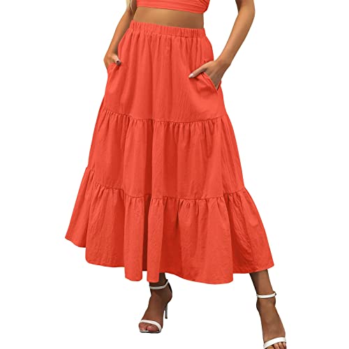 Damen Boho Rock Damen Midi Plisseerock Elegant Faltenrock Lang Strandrock Sommerrock (X1-Orange, L) von Generic