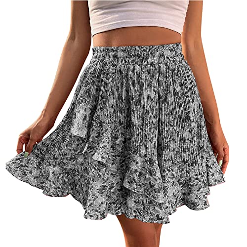 Damen Boho Rock Geblümt Sommerkleid Rockabilly Elastische Taille Kurz Röcke Strandrock mit Gürtel Casual Shortrock Blumenmuster Minirock Sommer Mode Casual Wild Rock Sommerrock (Gray, L) von Generic