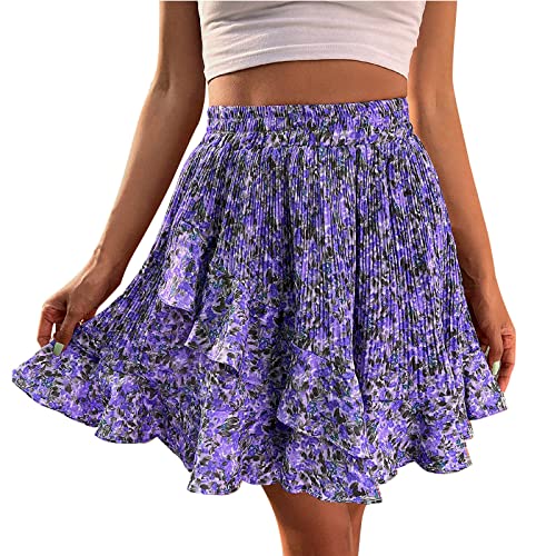 Damen Boho Rock Geblümt Sommerkleid Rockabilly Elastische Taille Kurz Röcke Strandrock mit Gürtel Casual Shortrock Blumenmuster Minirock Sommer Mode Casual Wild Rock Sommerrock (Purple, S) von Generic