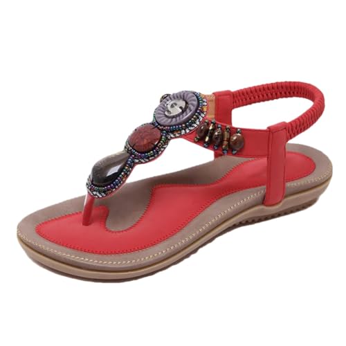 Damen Boho-Stil Perlen verzierte Sandalen Flip-Flop Strandschuhe elatic Band Slip-on Schuhe, rot, 39 EU von Generic