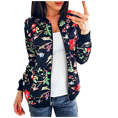 Damen Bomberjacke Blumenmuster Langarm Jacket leichte Fliegerjacke Blouson Pilotenjacke Kurzjacke Damenjacke Outwear Kurz Coat Herbst Frühling College Jacke von Generic