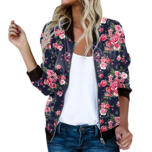 Damen Bomberjacke Blumenmuster Langarm Jacket leichte Fliegerjacke Blouson Pilotenjacke Kurzjacke Damenjacke Outwear Kurz Coat Herbst Frühling College Jacke von Generic