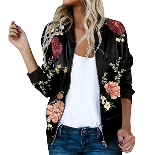 Damen Bomberjacke Blumenmuster Langarm Jacket leichte Fliegerjacke Blouson Pilotenjacke Kurzjacke Damenjacke Outwear Kurz Coat Herbst Frühling College Jacke von Generic