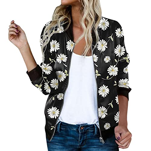 Damen Bomberjacke Blumenmuster Langarm Jacket leichte Fliegerjacke Blouson Pilotenjacke Kurzjacke Damenjacke Outwear Kurz Coat Herbst Frühling College Jacke von Generic