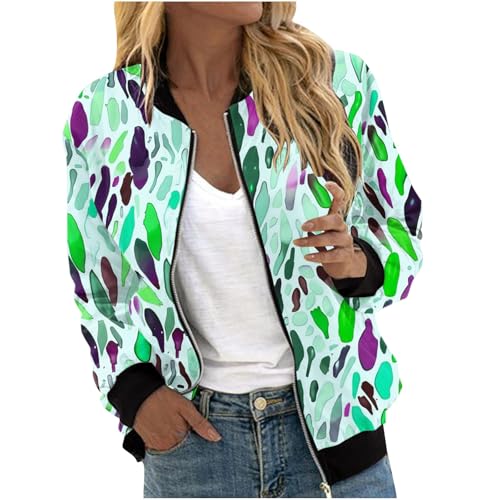 Damen-Bomberjacken 2024 Langärmelige Bunte Graffiti-Muster Reißverschluss-Jacken Locker Sitzend Warm Sweatjacke, Retro-Stil Frauen Übergangsjacke Mit Taschen Herbstkleidung von Generic