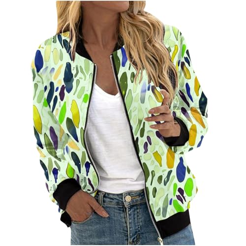 Damen-Bomberjacken 2024 Langärmelige Bunte Graffiti-Muster Reißverschluss-Jacken Locker Sitzend Warm Sweatjacke, Retro-Stil Frauen Übergangsjacke Mit Taschen Herbstkleidung von Generic