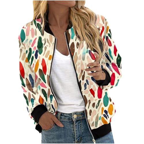 Damen-Bomberjacken 2024 Langärmelige Bunte Graffiti-Muster Reißverschluss-Jacken Locker Sitzend Warm Sweatjacke, Retro-Stil Frauen Übergangsjacke Mit Taschen Herbstkleidung von Generic