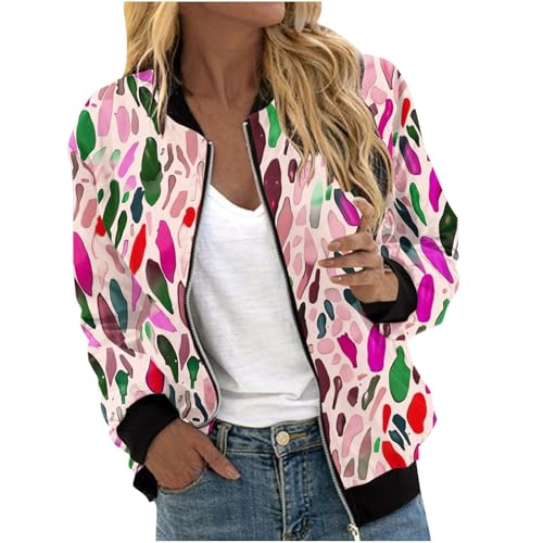 Damen-Bomberjacken 2024 Langärmelige Bunte Graffiti-Muster Reißverschluss-Jacken Locker Sitzend Warm Sweatjacke, Retro-Stil Frauen Übergangsjacke Mit Taschen Herbstkleidung von Generic