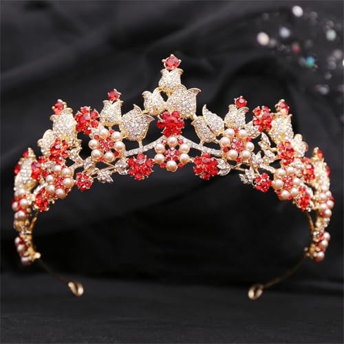 Damen Braut Krone Kopfschmuck Strass Perlen Tiaras Braut Hochzeitskleid Haarschmuck Gold Rot von Generic