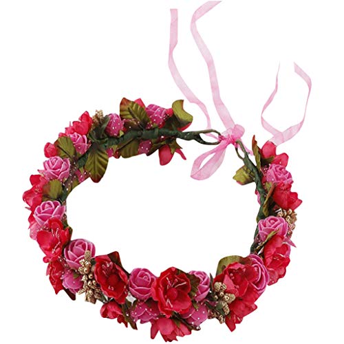 Damen Brautschmuck Blumengirlande Stirnband Blumenkrone Haarkranz Knoten Weiches Stirnband (Hot Pink, Einheitsgröße) von Generic