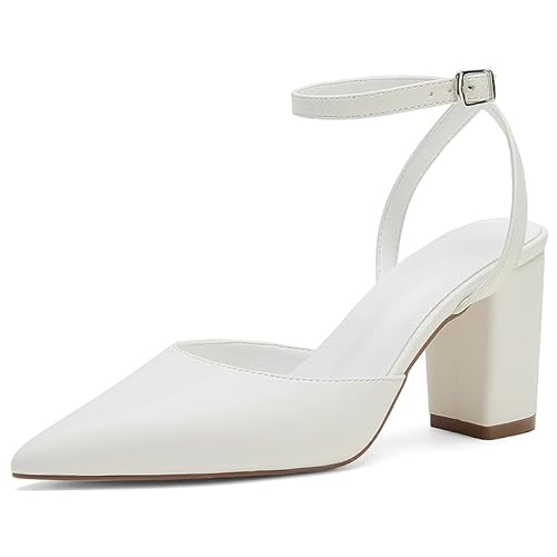 Damen Brautschuhe mit Riemchen - Spitz, 8cm Blockabsatz, Kreuz-Knöchelriemen, Weiß,Weiß,41 EU von Generic