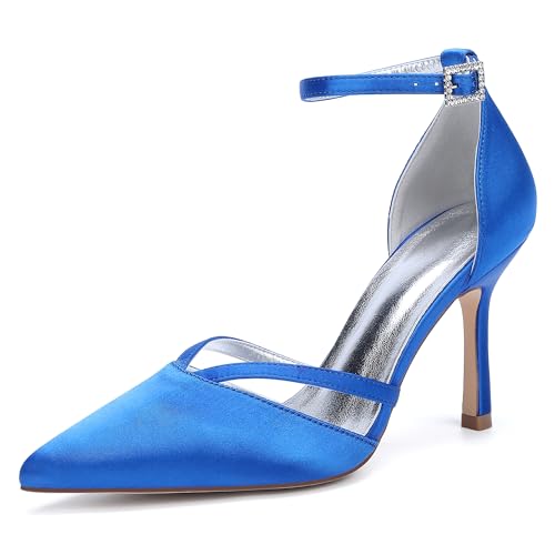 Damen Bridal Stiletto Hochzeitsschuhe Pointed Toe Satin Partei Abendschuhe Prom Party Dress High Heels 9Cm,Blau,38 EU von Generic