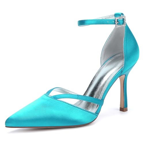 Damen Bridal Stiletto Hochzeitsschuhe Pointed Toe Satin Partei Abendschuhe Prom Party Dress High Heels 9Cm,Blue Green,38 EU von Generic