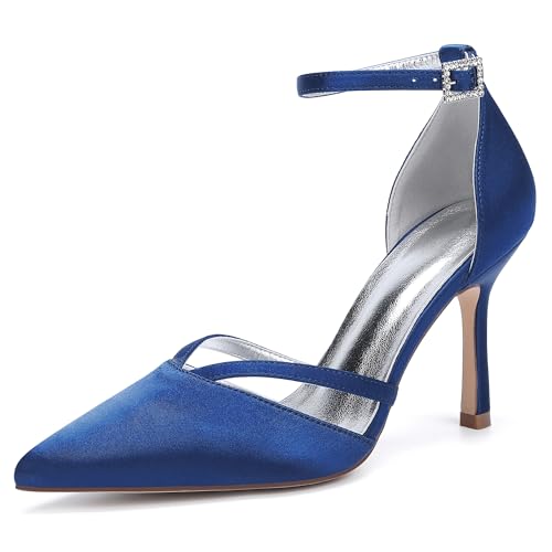 Damen Bridal Stiletto Hochzeitsschuhe Pointed Toe Satin Partei Abendschuhe Prom Party Dress High Heels 9Cm,Dark Blue,37 EU von Generic