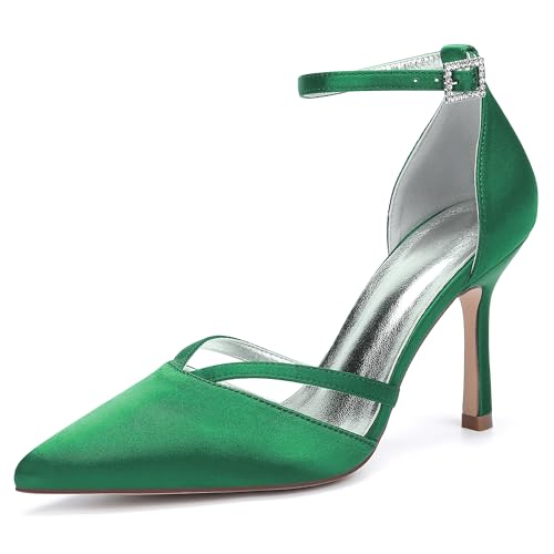 Damen Bridal Stiletto Hochzeitsschuhe Pointed Toe Satin Partei Abendschuhe Prom Party Dress High Heels 9Cm,Grün,39 EU von Generic