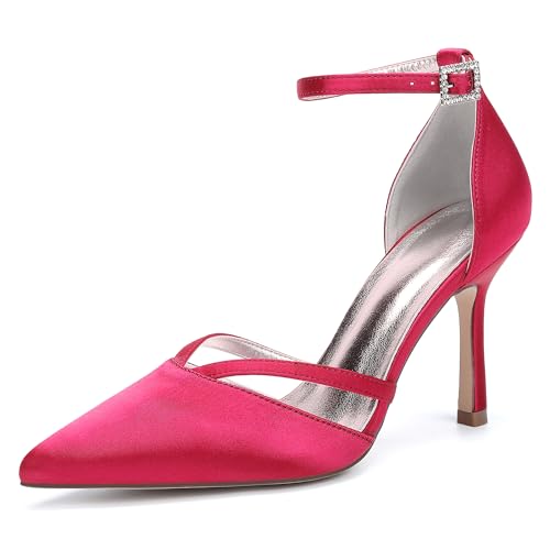 Damen Bridal Stiletto Hochzeitsschuhe Pointed Toe Satin Partei Abendschuhe Prom Party Dress High Heels 9Cm,Rot,38 EU von Generic