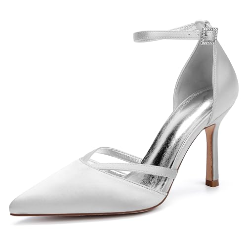 Damen Bridal Stiletto Hochzeitsschuhe Pointed Toe Satin Partei Abendschuhe Prom Party Dress High Heels 9Cm,Silber,39 EU von Generic