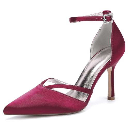 Damen Bridal Stiletto Hochzeitsschuhe Pointed Toe Satin Partei Abendschuhe Prom Party Dress High Heels 9Cm,Wine red,40 EU von Generic