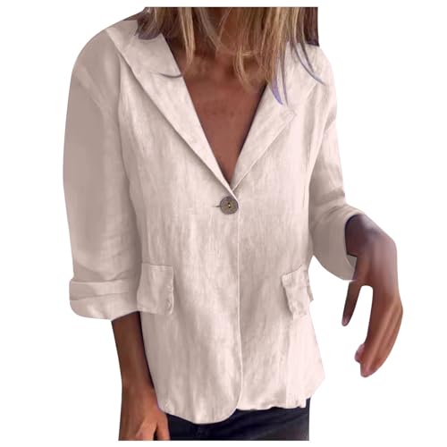Damen Business Blazer Baumwolle Leinen Freizeit Casual Blazer Leichtes Jacke Elegant Lang Basic Anzugjacke Leichtes Cardigan mit Button Vintage Strand Damenjacke von Generic