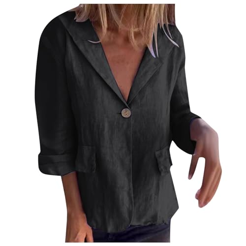 Damen Business Blazer Baumwolle Leinen Freizeit Casual Blazer Leichtes Jacke Elegant Lang Basic Anzugjacke Leichtes Cardigan mit Button Vintage Strand Damenjacke von Generic