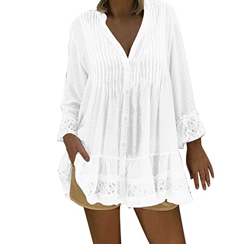 Damen Button-down Blusen - Musselin Bluse Damen Große Größen Langarm V-Ausschnitt Stehkragen mit Rüschen Vintage Schleifenhemd Lockere Basic Longbluse mit Knopfleiste Mode Longshirt von Generic