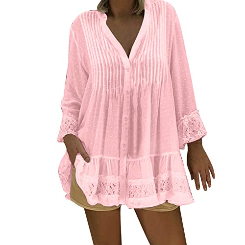 Damen Button-down Blusen - Musselin Bluse Damen Große Größen Langarm V-Ausschnitt Stehkragen mit Rüschen Vintage Schleifenhemd Lockere Basic Longbluse mit Knopfleiste Mode Longshirt von Generic
