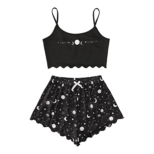 Damen Cami Schlafanzug Set Spaghettiträger Crop Top Short Sets Süßer Pyjama Set Sommer Schlafanzüge Schlafi Nachthemd von Generic