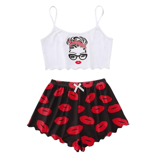 Damen Cami Schlafanzug Set Spaghettiträger Crop Top Short Sets Süßer Pyjama Set Sommer Schlafanzüge Schlafi Nachthemd von Generic