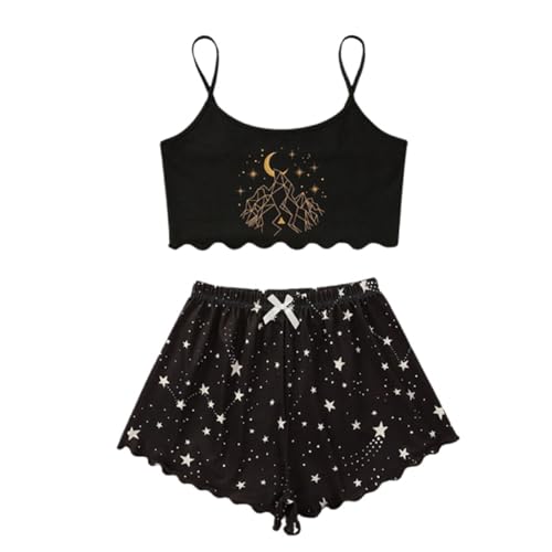 Damen Cami Schlafanzug Set Spaghettiträger Crop Top Short Sets Süßer Pyjama Set Sommer Schlafanzüge Schlafi Nachthemd von Generic